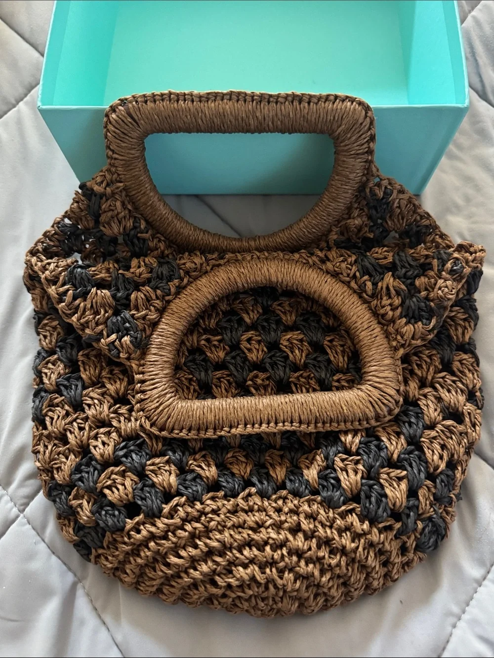 Woven Crochet Tote Bag in Brown and Black